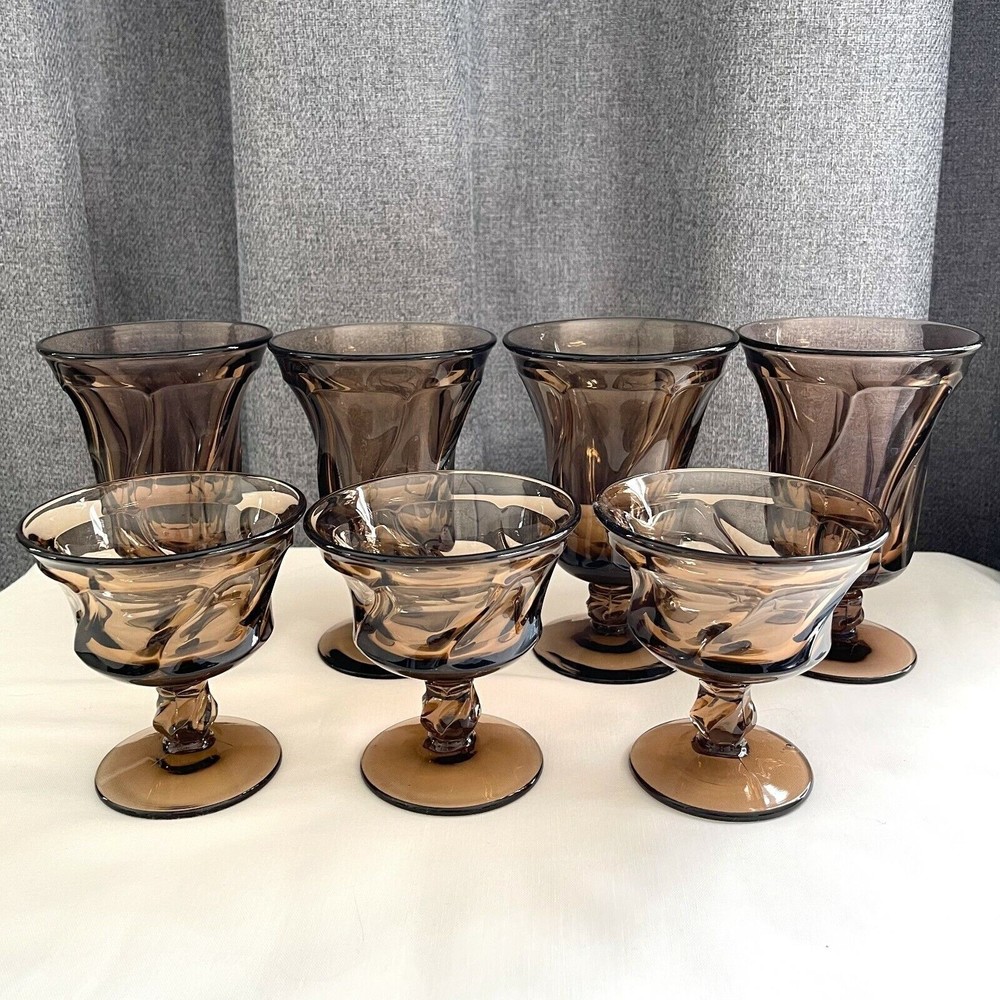 FOSTORIA GLASS JAMESTOWN Vintage Brown Champagne/Sherbet & Water Goblets - Lot o